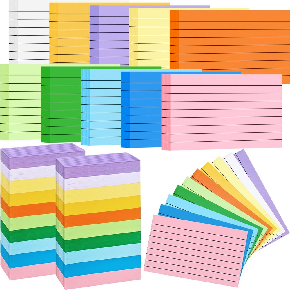 2000 Count Colored Index Cards 3x5, Lined Note Cards, Notecards, Study Cards,...