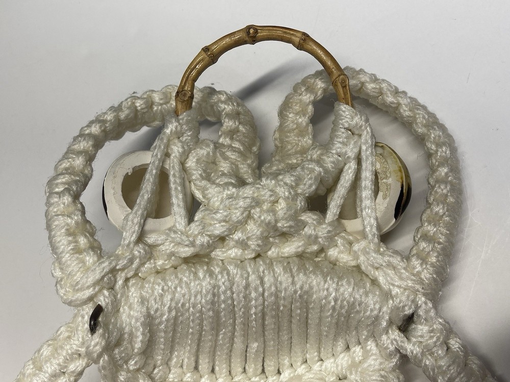 Frog Macrame Hanging Towel Holder White Ceramic Eyes Bamboo Handle Ring Toad 20”