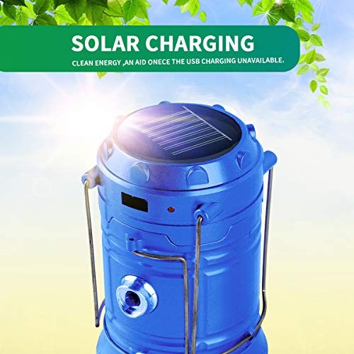 LED Camping Lantern, Solar and Rechargeable Lantern Flashlight Collapsible Blue