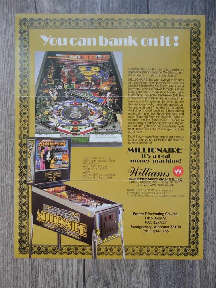 Millionaire Pinball Machine Flyer / Original Williams Brochure