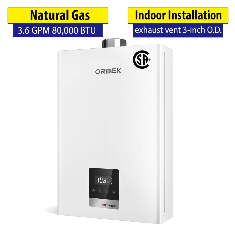 Tankless Water Heater Natural Gas 3.6 GPM 80,000 BTU On-Demand Hot Water