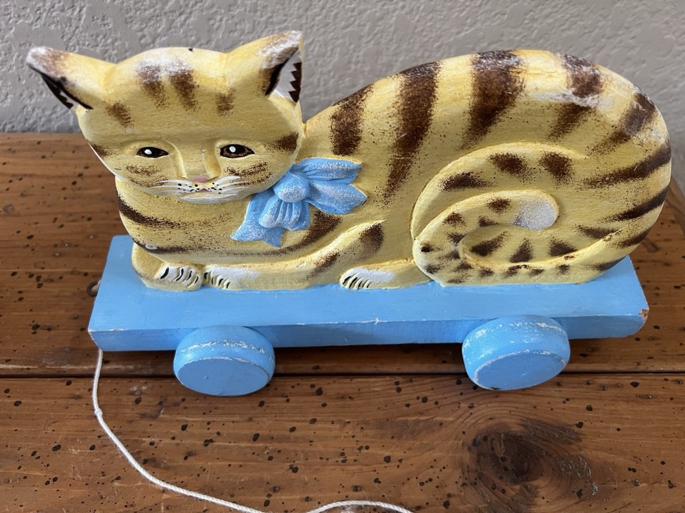 Vintage Wooden Striped Cat Pull Toy