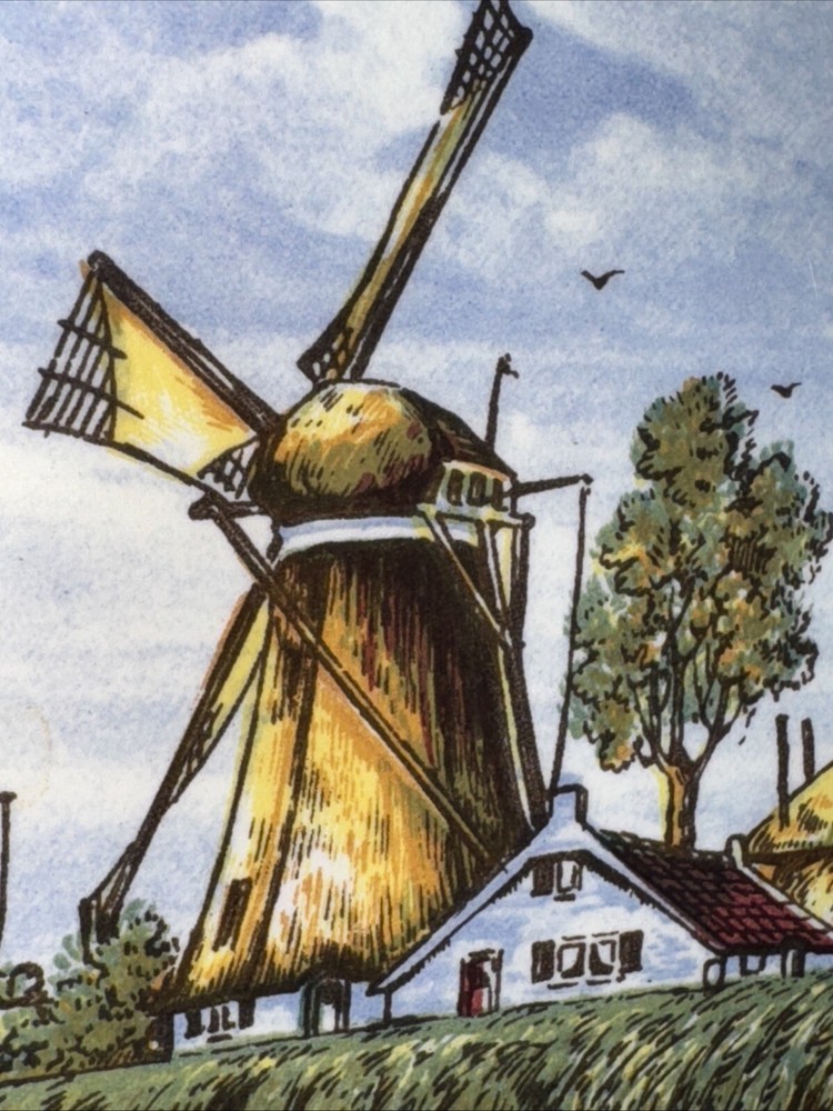 Delft Tile Holland Hand Painted Windmill River 6” Colored Tile