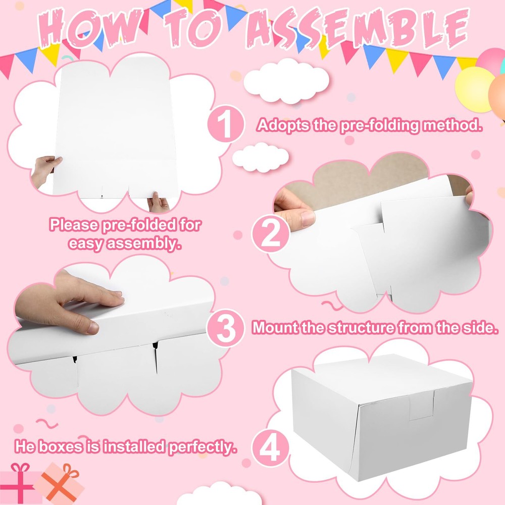 10 Pcs Large Cake Box White Non Window Corner Lock Bakery Box Square Cardboar...