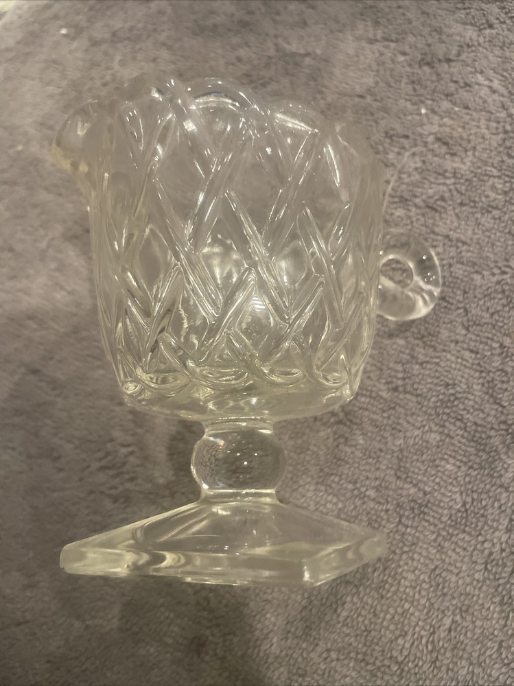 Cut Glass Creamer With Etched Design and Handle 4” Tall