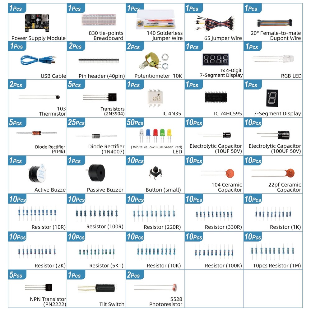 Electronics Component Fun Kit with Supply Module Breadboard for Arduino