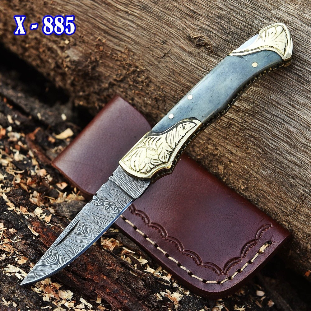 Damascus Folding Blade Pocket Knife Original Camel Bone Handle Engraved Brass