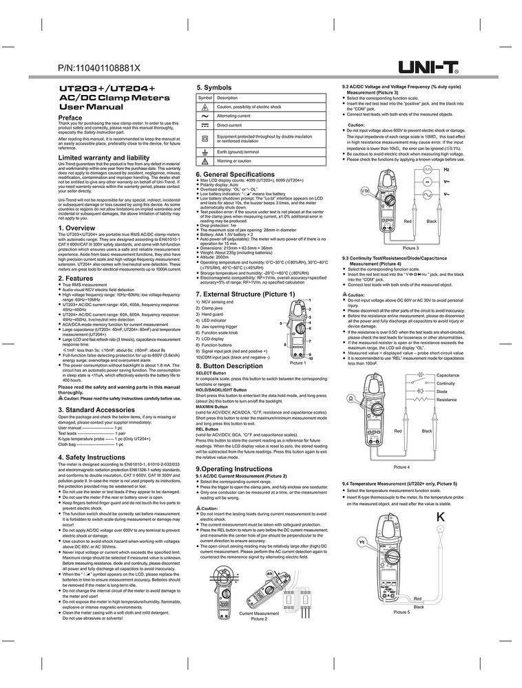 UNI-T UT203 Digital Clamp meter Auto Range DMM 400A Ohm AC DC Volt Amp Data hold