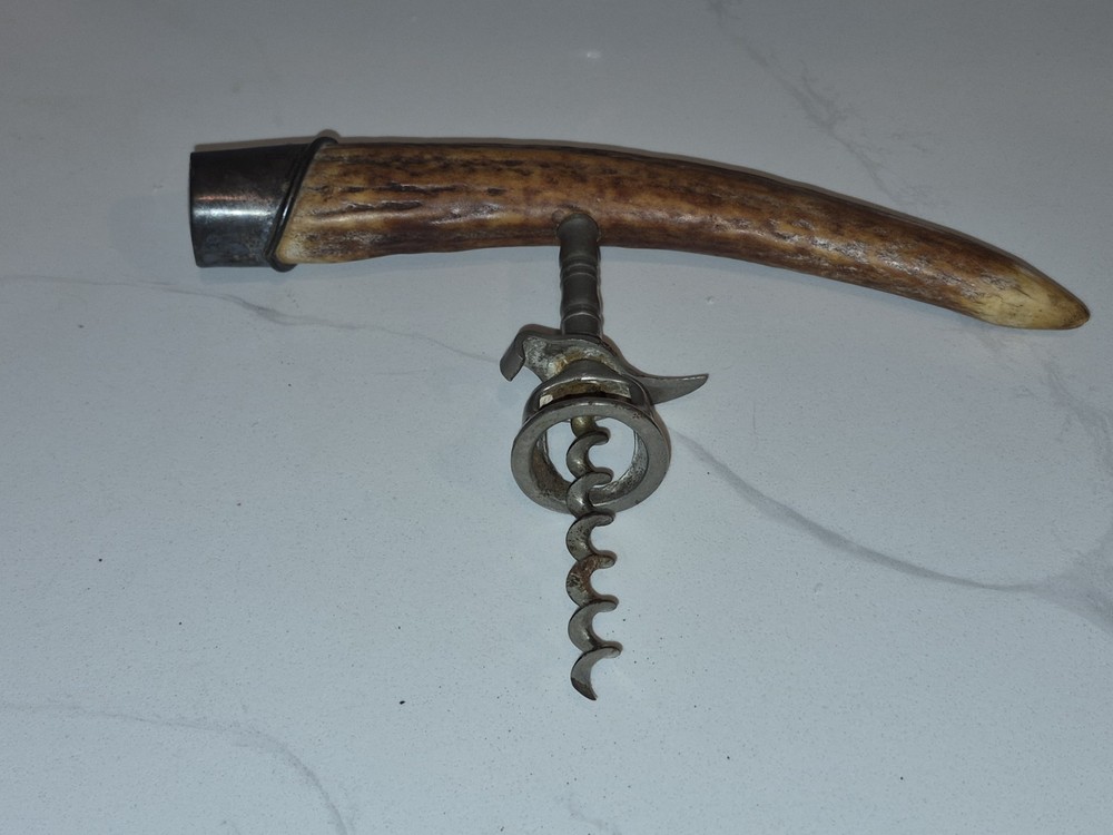 Antique Antler Corkscrew with Sterling Silver End-cap 8.5" Wide