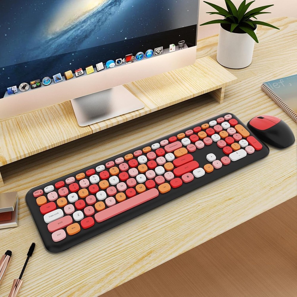 Colorful Ergonomic Wireless Keyboard & Mouse Combo with Retro Design - Low Noise