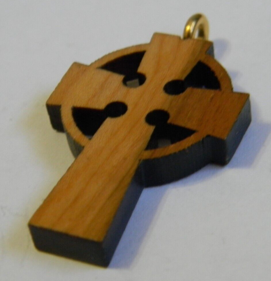 Religious open work wood cross pendant medal