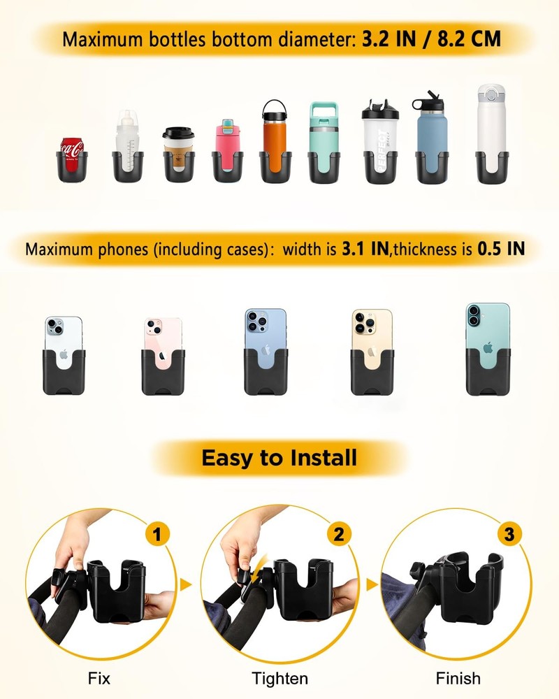 Universal Stroller Cup Holder with Mobile Phone Case, 2-in-1 Strollers Storage