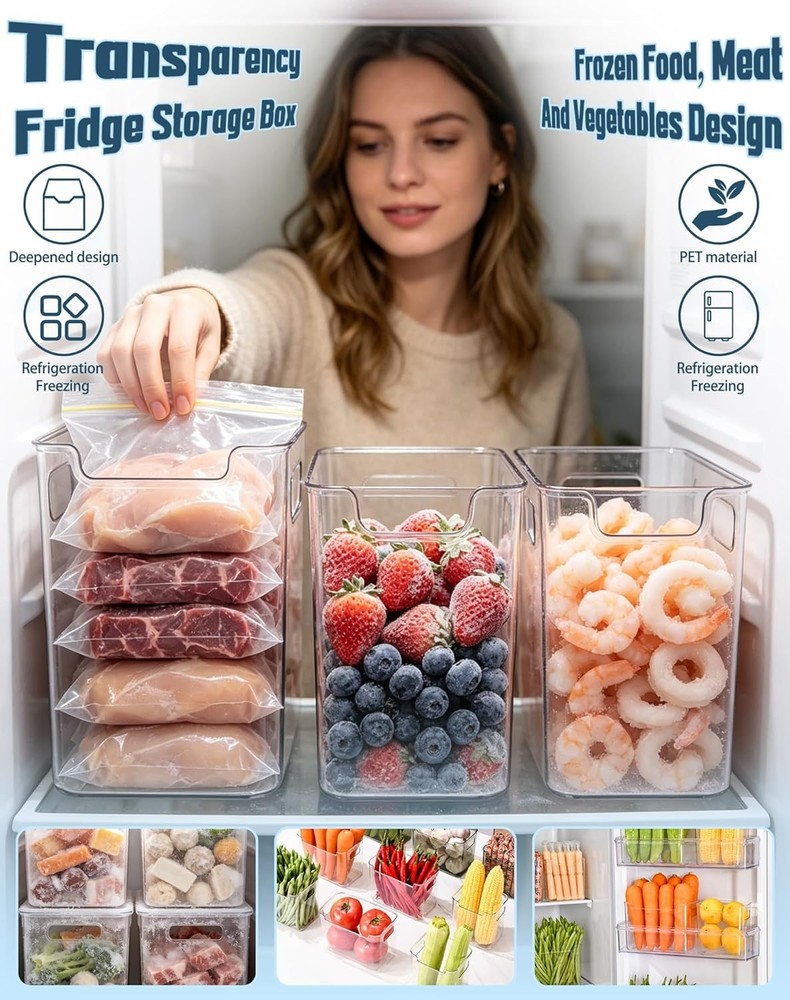 Crystal Clear Freezer Storage Bins - 4 Pack Clear Plastic Bins，Kitchen Organizer