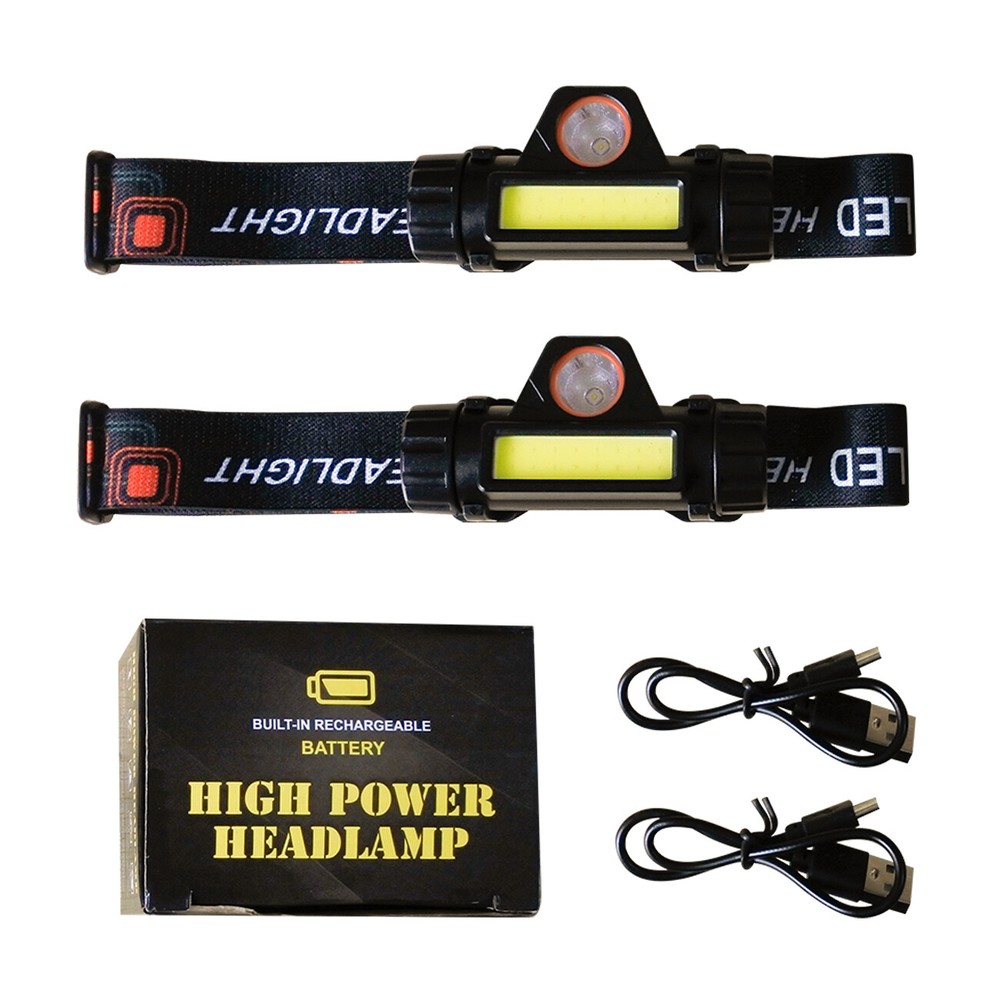 2 PACK LED COB Headlamp Waterproof USB Rechargeable Head Torch Headlight 2 Modes
