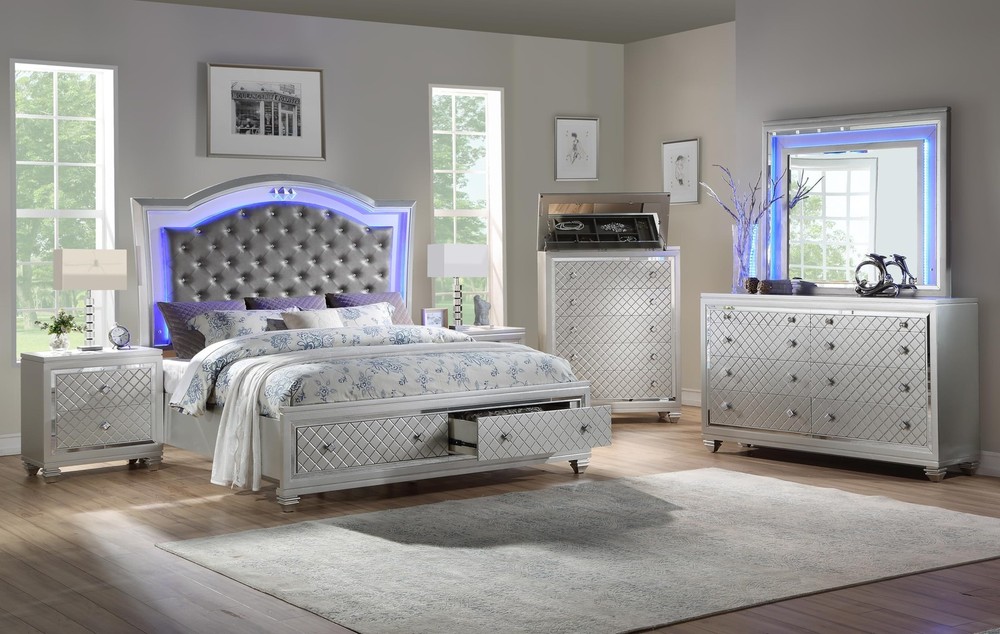 First of a Kind Shiney Silver King 5 Piece Bedroom Set