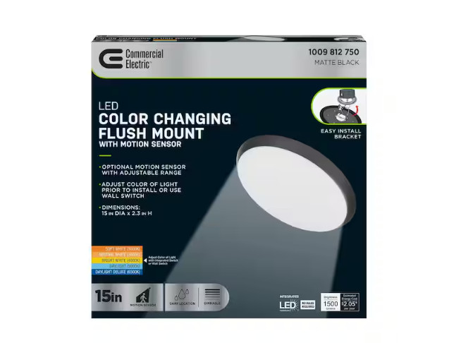 Commercial Electric 15 in. Matte Black Motion Sensor LED Dimmable Flush Mount