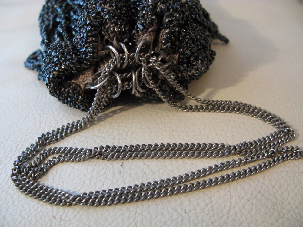 Antique Art Deco Crochet Silver Grey Bead Lined Chain Drawstring Flapper Purse