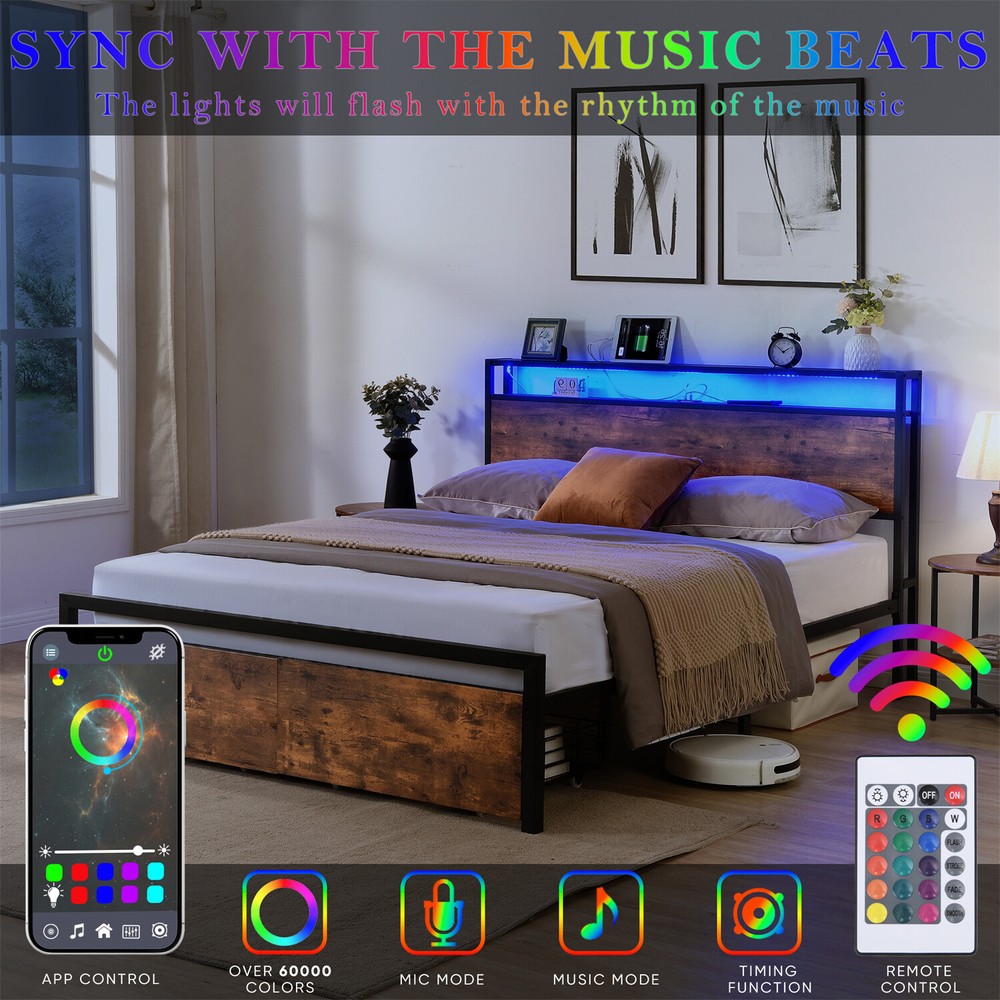 Full Size LED Bed Frame with Storage Headboard & 2 Drawers Metal Platform Bed