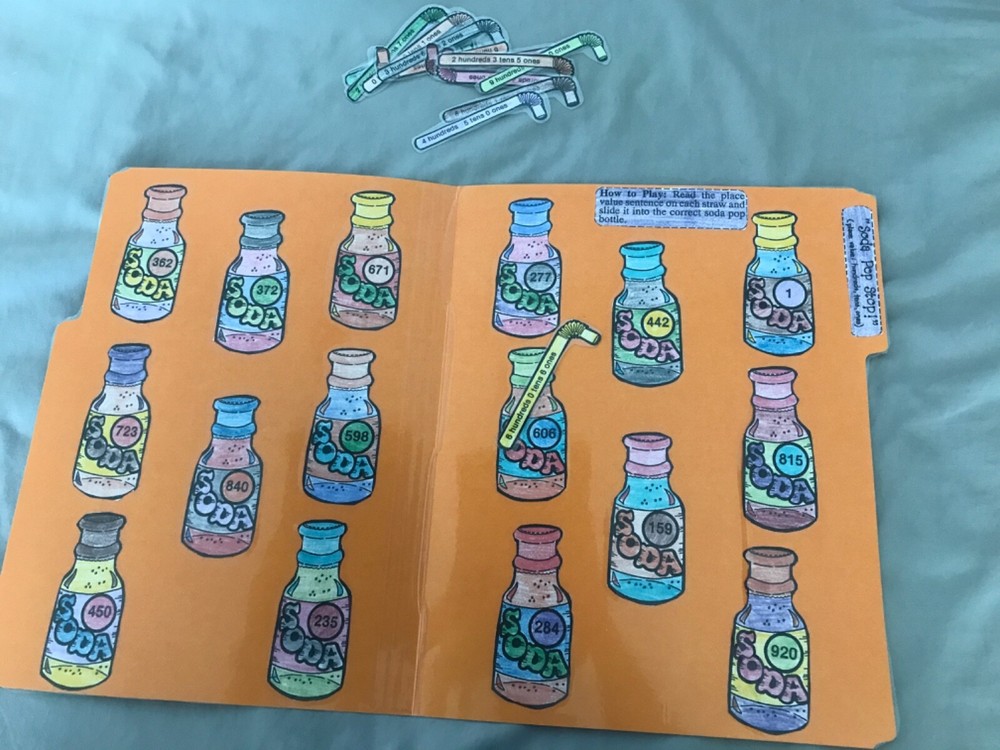 Soda Pop stop! Place value 1-4 grade math file folder game teacher resources