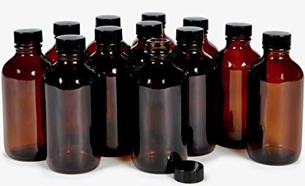 12, Amber, 4 Oz Glass Bottles, with Lids