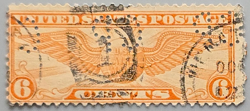 US 1934 Scott C19 - 6 Cent Airmail - Winged Globe - Dull Orange - CP PERFIN