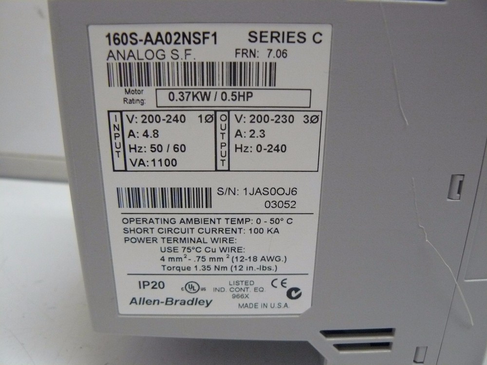 ALLEN BRADLEY 160S-AA02NSF1 SER C SPEED CONTROLLER ANALOG SF