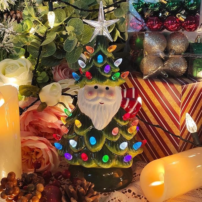 11" Ceramic Christmas Tree Tabletop Christmas Tree Lights with 50 Multicolore...