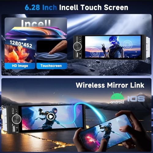Upgrade Single Din Car Stereo, Wireless CarPlay Android Auto, 6.28'' Single
