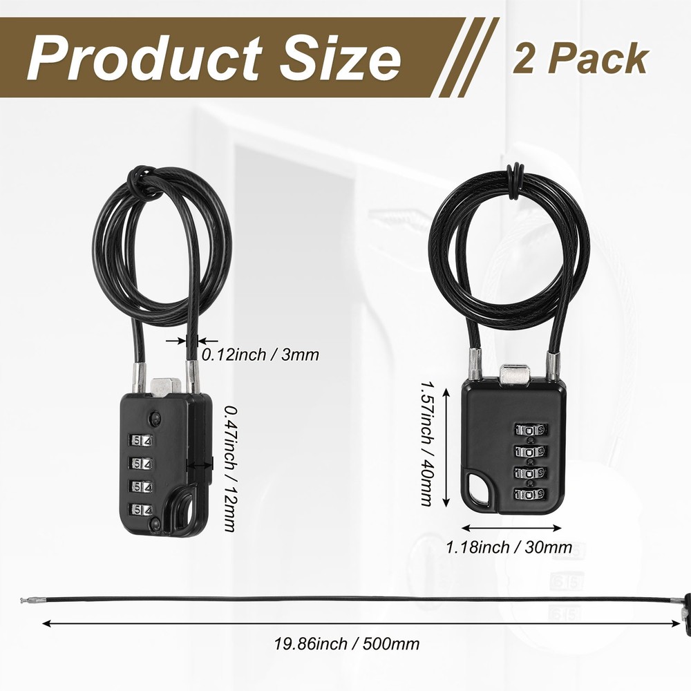 2-Pack Combination Padlock, 4 Digit 20 in Cable Luggage Lock [Black]