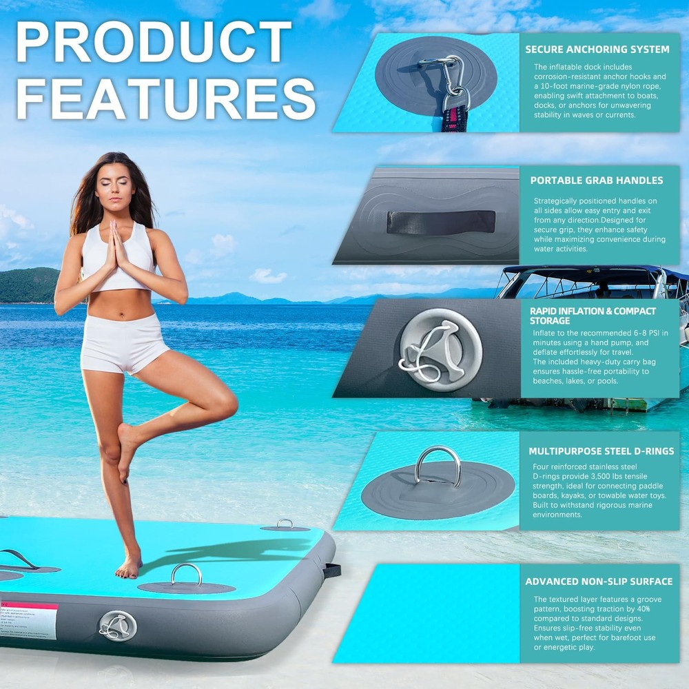 Inflatable Floating Dock Air Dock Platform, 6ft x 5ft Floating Island Raft wi...