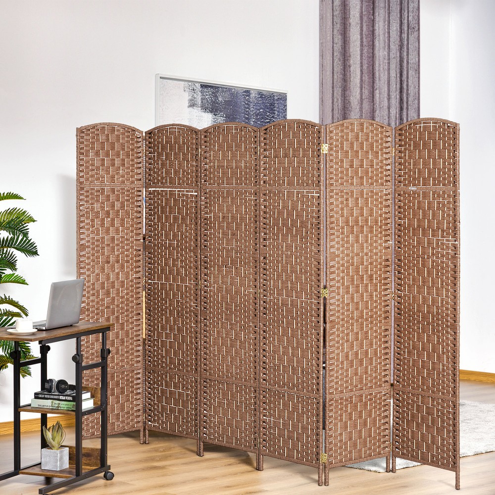 6 Panel Wicker Weave Room Divider, 6' Tall Folding Space Separator w/Wood Frame