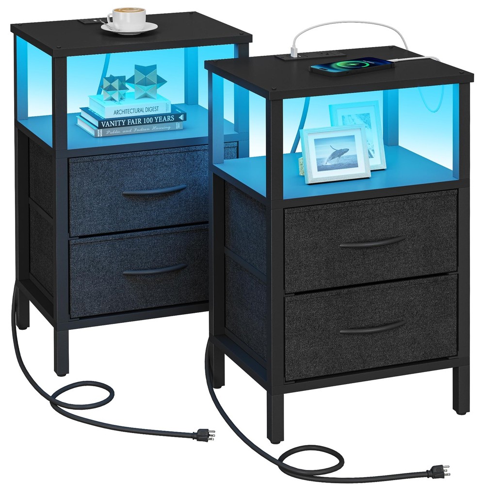 LED End Table with Charging Station, Nightstand with Cloth Drawer, Side Table...