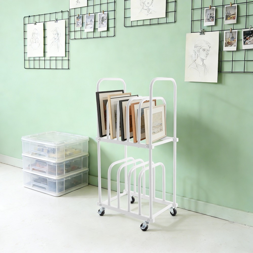 Art Canvas Storage Rack, Double-Tier Rolling Art Canvas Mobile Organizer White
