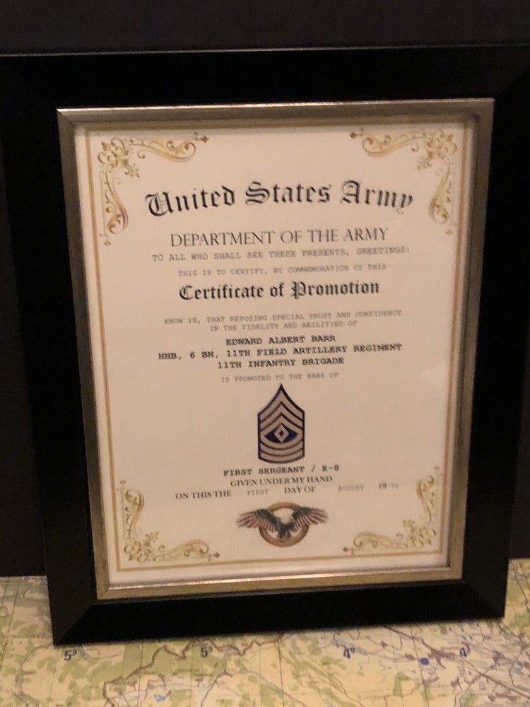 FIRST SERGEANT / 1SG (E-8) U.S. Army ~ Commemorative Promotion Certificate