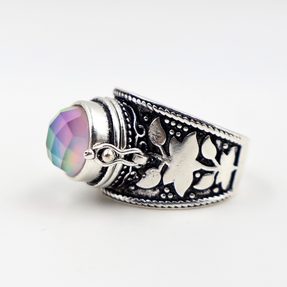 Aurora Opal Poison Ring, 925 Silver Platted Ring, Compartment Pill Box Ring