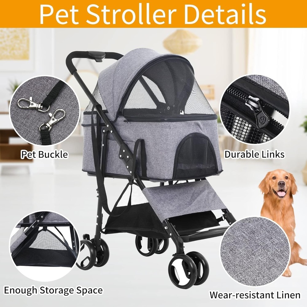 3-in-1 Folding Pet Stroller & Detachable Carrier - One-Button Quick Fold