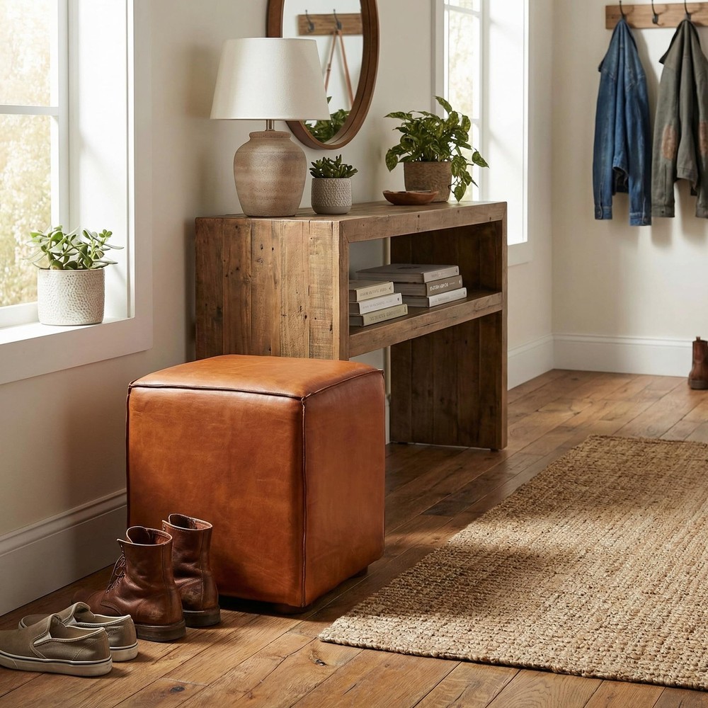 Sands Genuine Leather Cube Ottoman, Saddle Brown