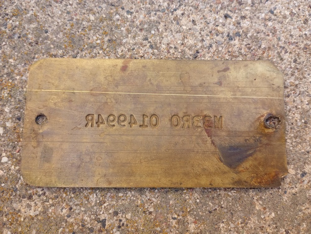 John Deere M33RO tractor engine brass ID tag serial # 014994R