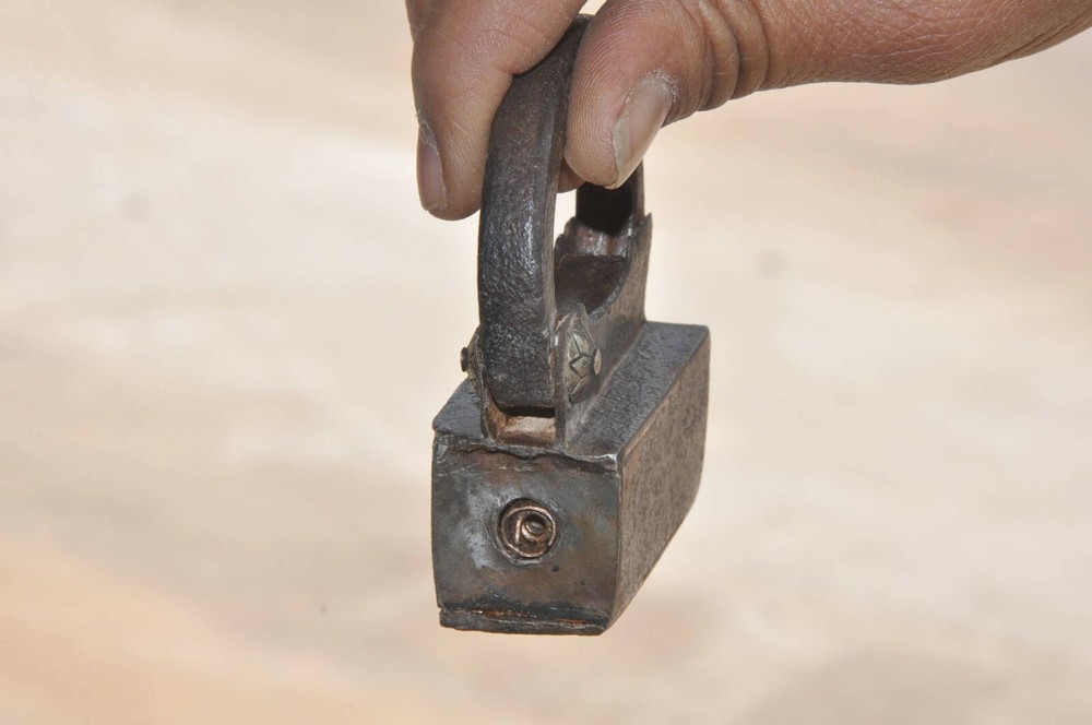 Vintage Iron Rectangular Brass Fitted Engraved Hnadcrafted Screw Padlock