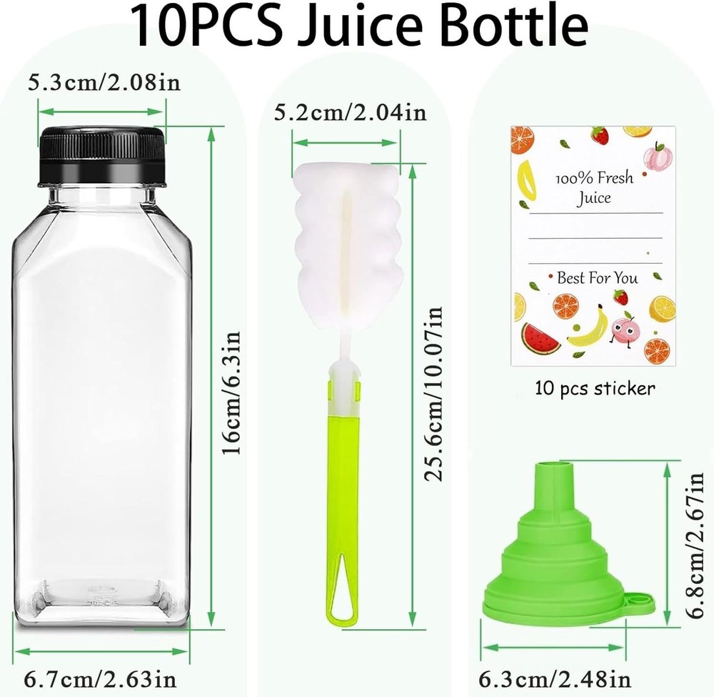 12Oz Plastic Juice 10x Bottles With Caps Empty Clear Reusable Plastic Container
