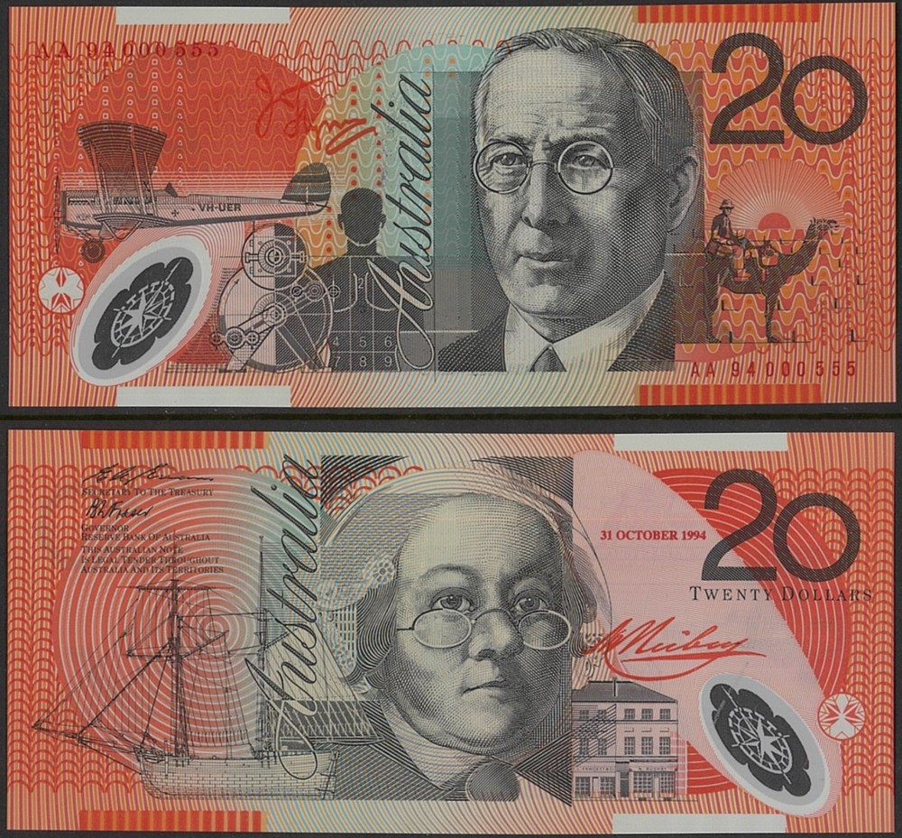 1994 Australia Rare SOLID Red Serial 1st Prefix $20 AA94000555 Dated OPT Polymer