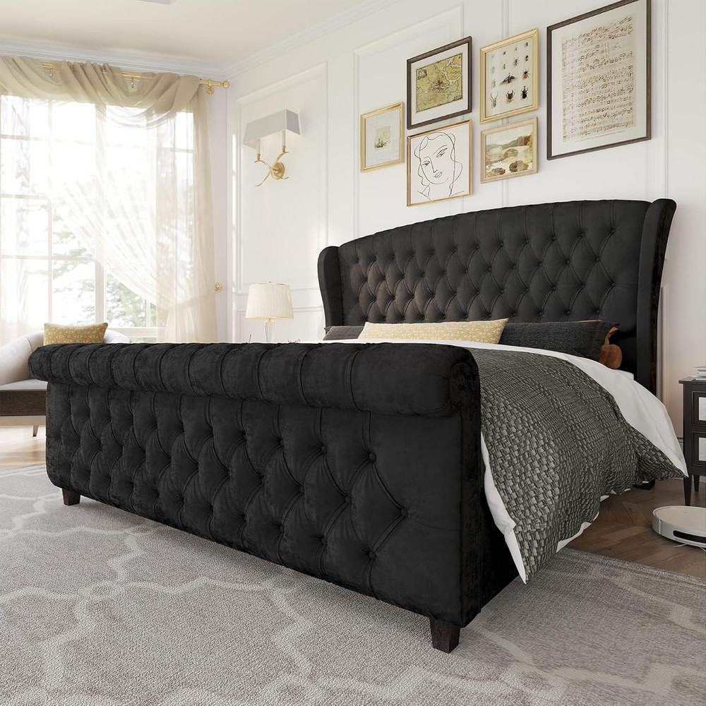 King Size Platform Bed Frame, Velvet Upholstered Sleigh Bed with Scroll Wingback