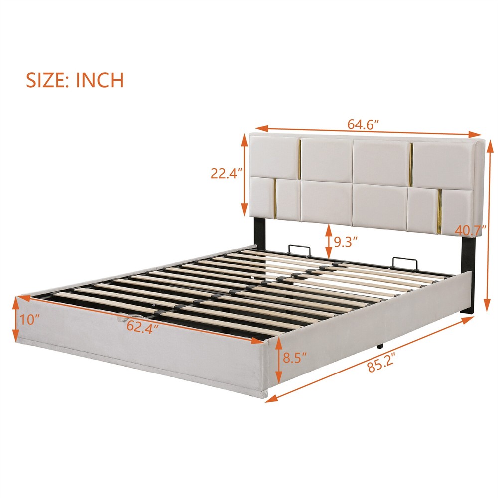 Queen Size Upholstered Platform Bed Frame with Hydraulic Storage System