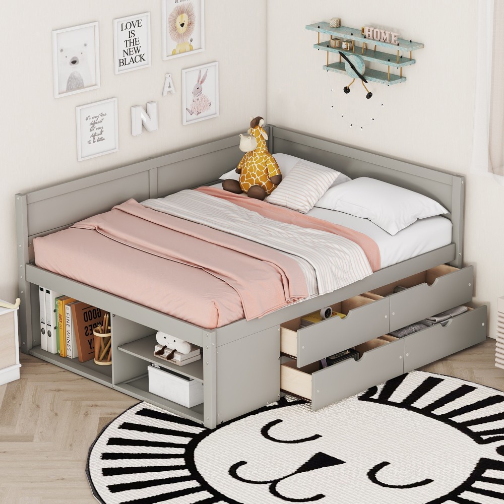 Full Size Daybed w/ Drawers & Shelves, Solid Wood Frame, Gray