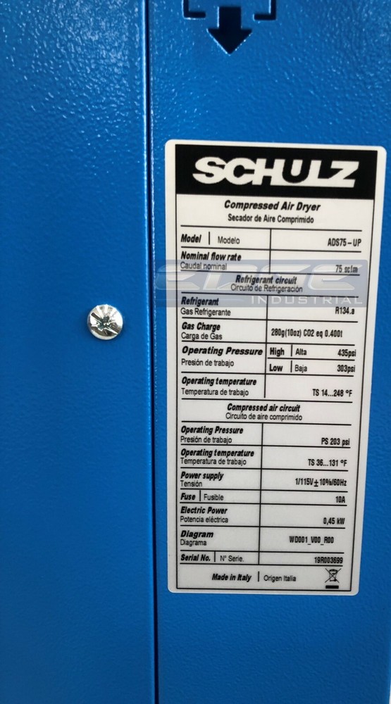 SCHULZ 75 CFM REFRIGERATED COMPRESSED AIR COMPRESSOR DRYER 115V, COMPLETE KIT