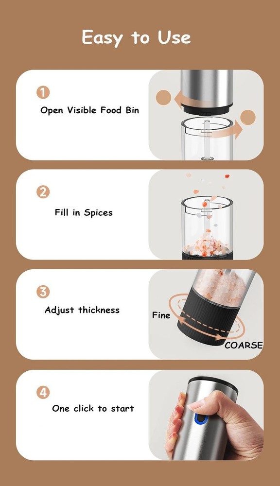 Electric Salt Pepper Grinder Rechargeable Adjustable Coarseness Mill Set