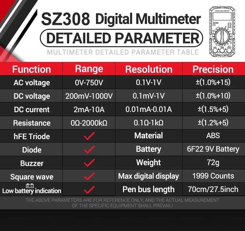 Digital Multimeter LCD Voltmeter Ammeter Ohmmeter Volt AC DC Tester Leads Meter