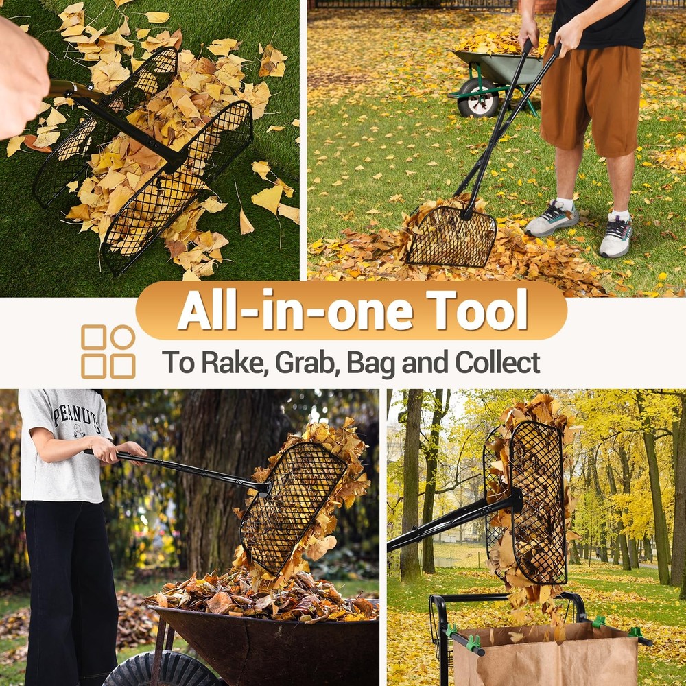 Leaf Grabber Rake with Long Handle, Lightweight Metal Leaves Rakes, Leaf Coll...