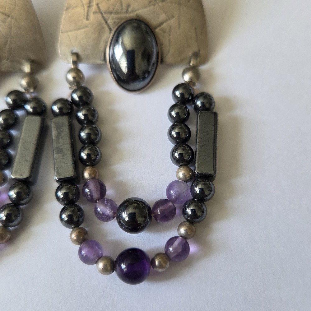 Signed MARCELL Southwestern Sterling Stud Earrings Hematite & Amethyst