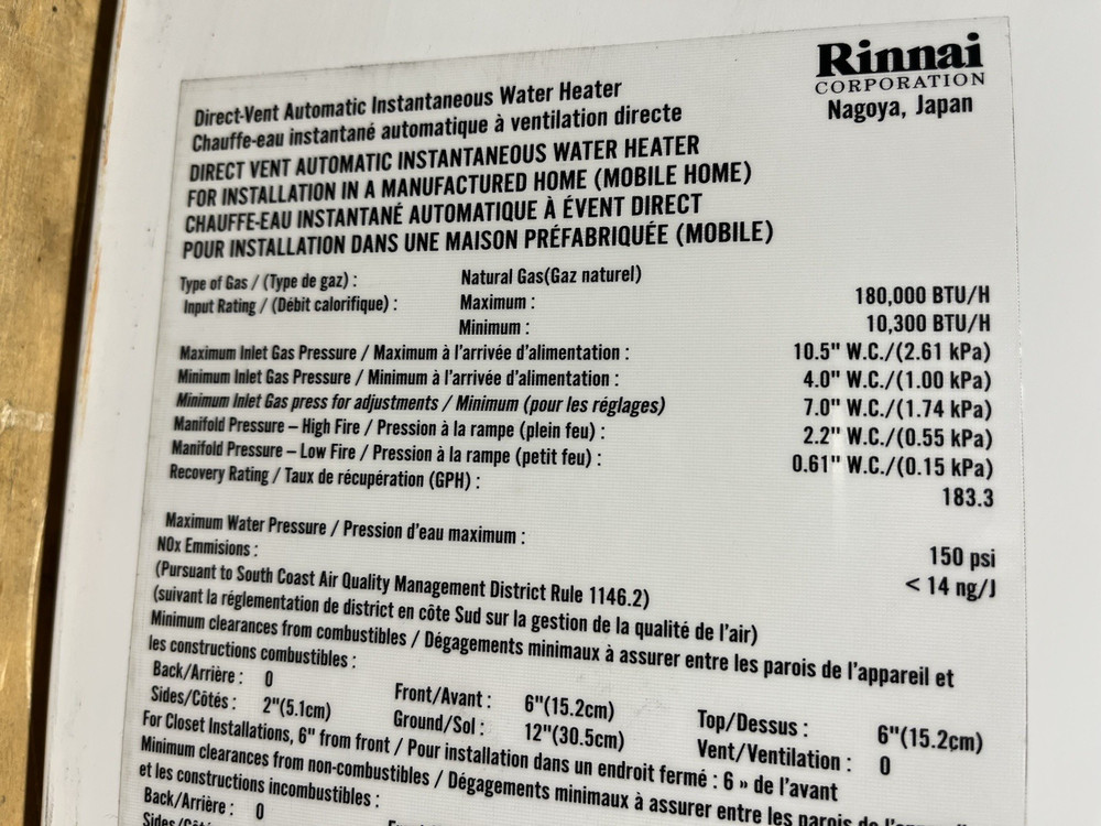 Rinnai V75iN Indoor Tankless Water Heater 180k BTU Natural Gas (C-8 #1739)